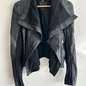 BCBG Black Draped Leather & Knit Mixed-Media Jacket